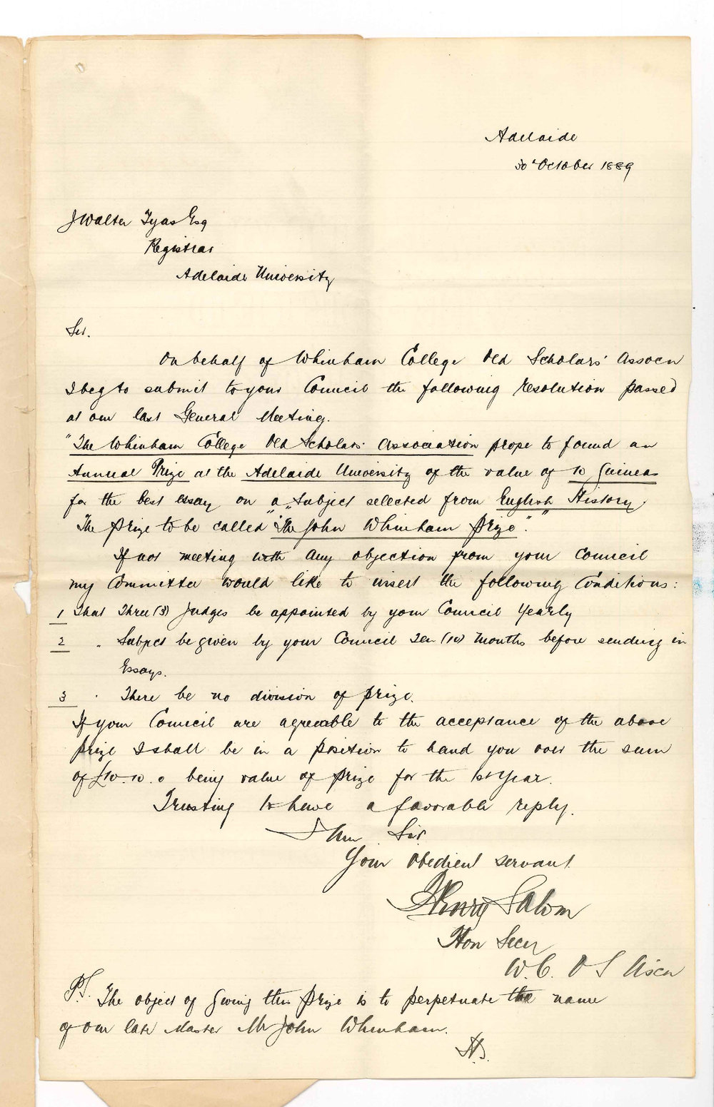 Henry Salom - Honorary Secretary - Whinham College Old Scholars Association - Offering to Provide an Annual Prize of &pound;10-10-0 for English