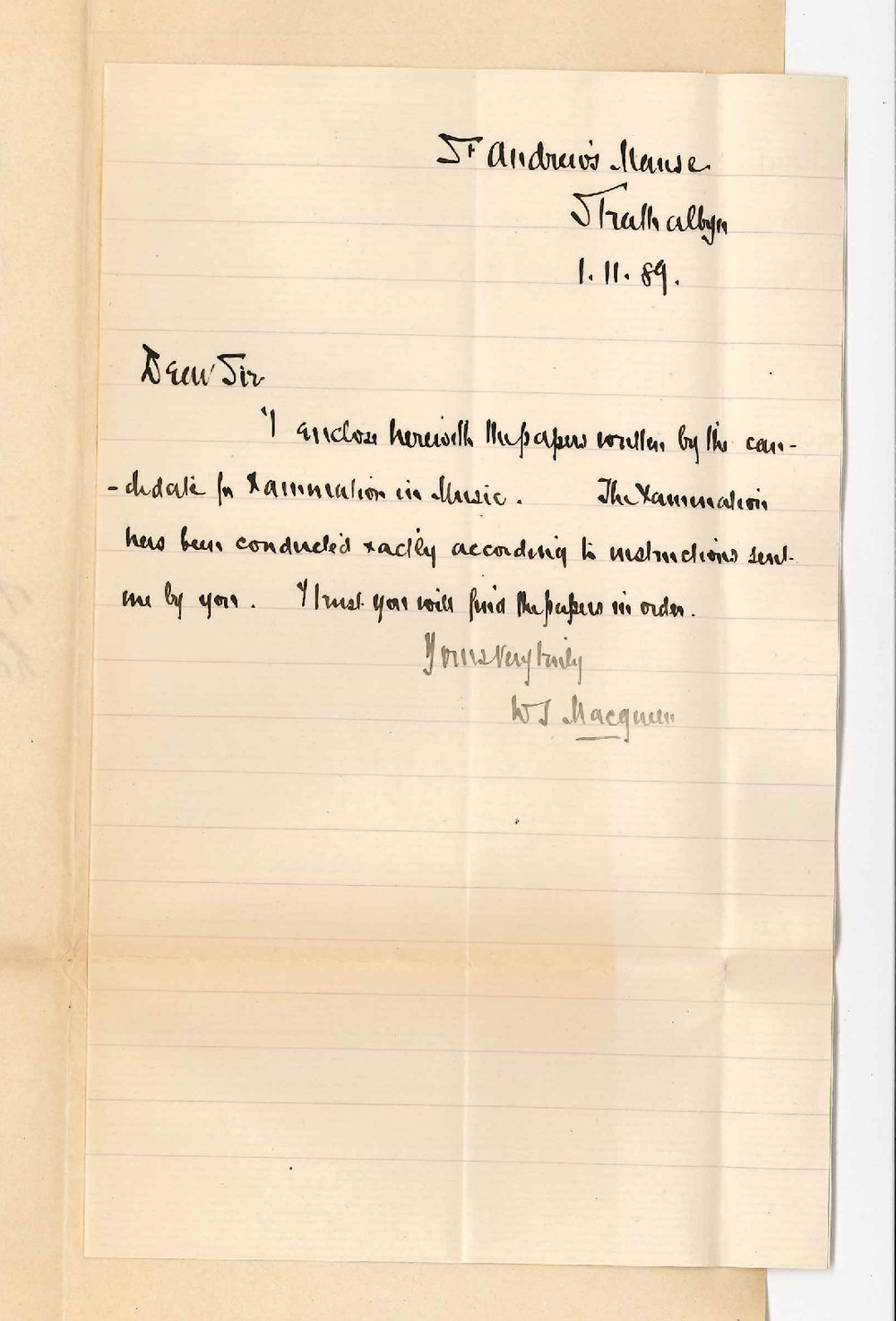 Rev W S Macqueen - Strathalbyn - Enclosing Miss Swannell's replies to Examination Paper of Junior Theory of Music Held at Strathalbyn