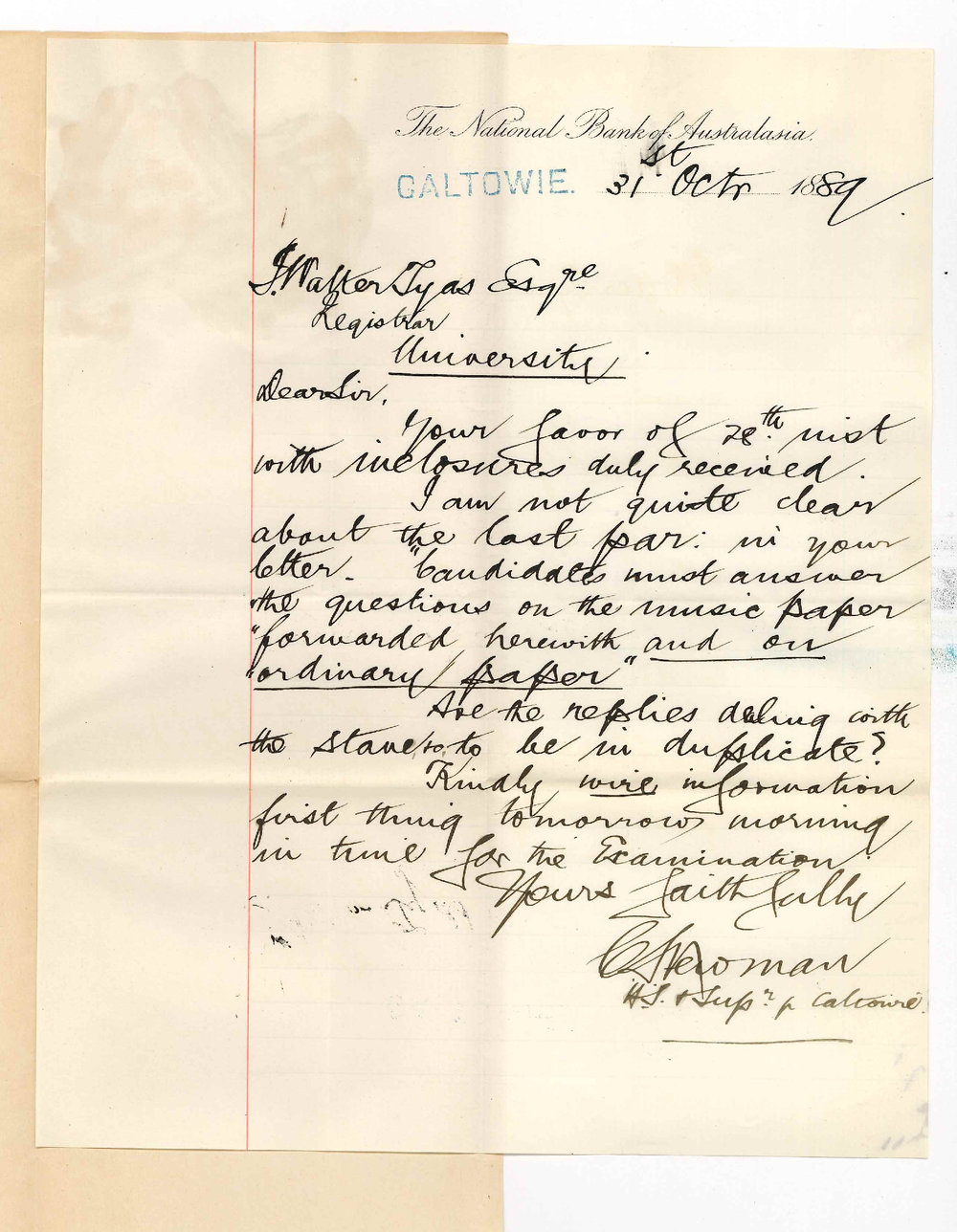 C S Newman - The National Bank of Australasia - Caltowie - Enquiries Regarding Music Examinations