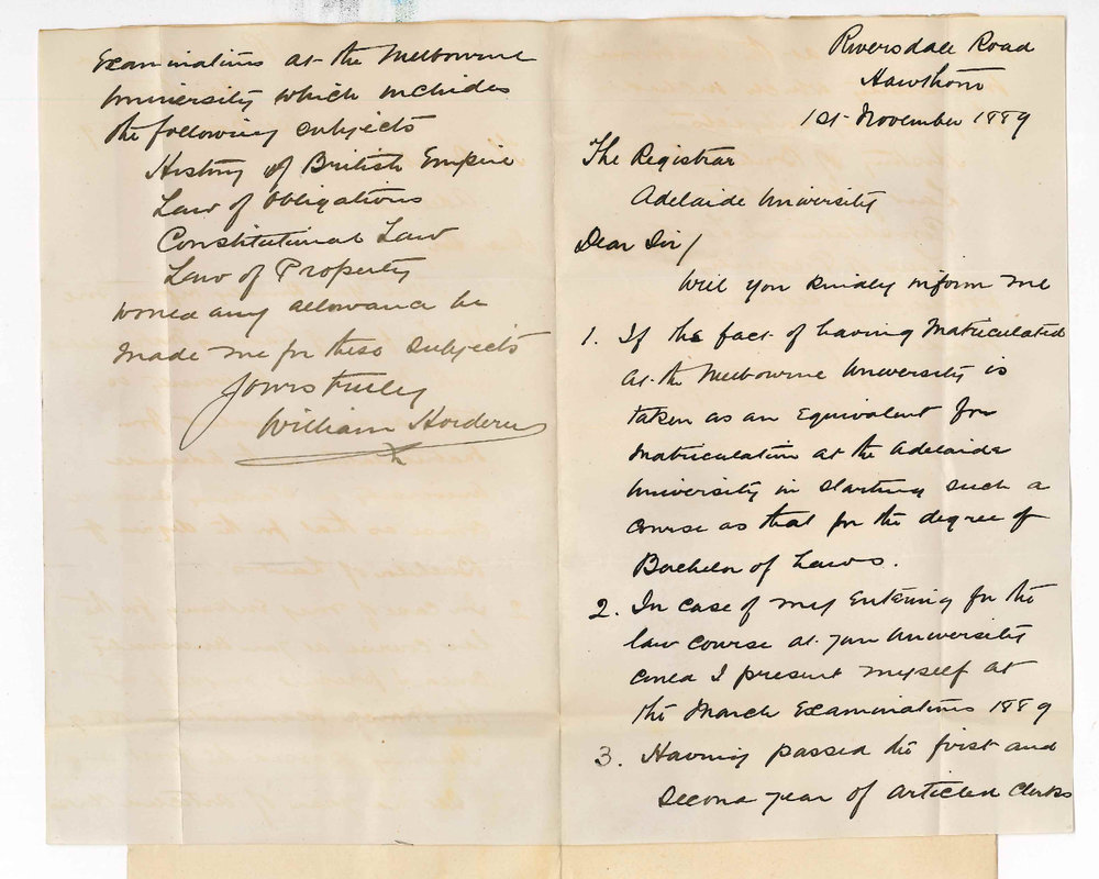 William Hardern - Hawthorn Victoria - Matriculation and LLB Course Adelaide University