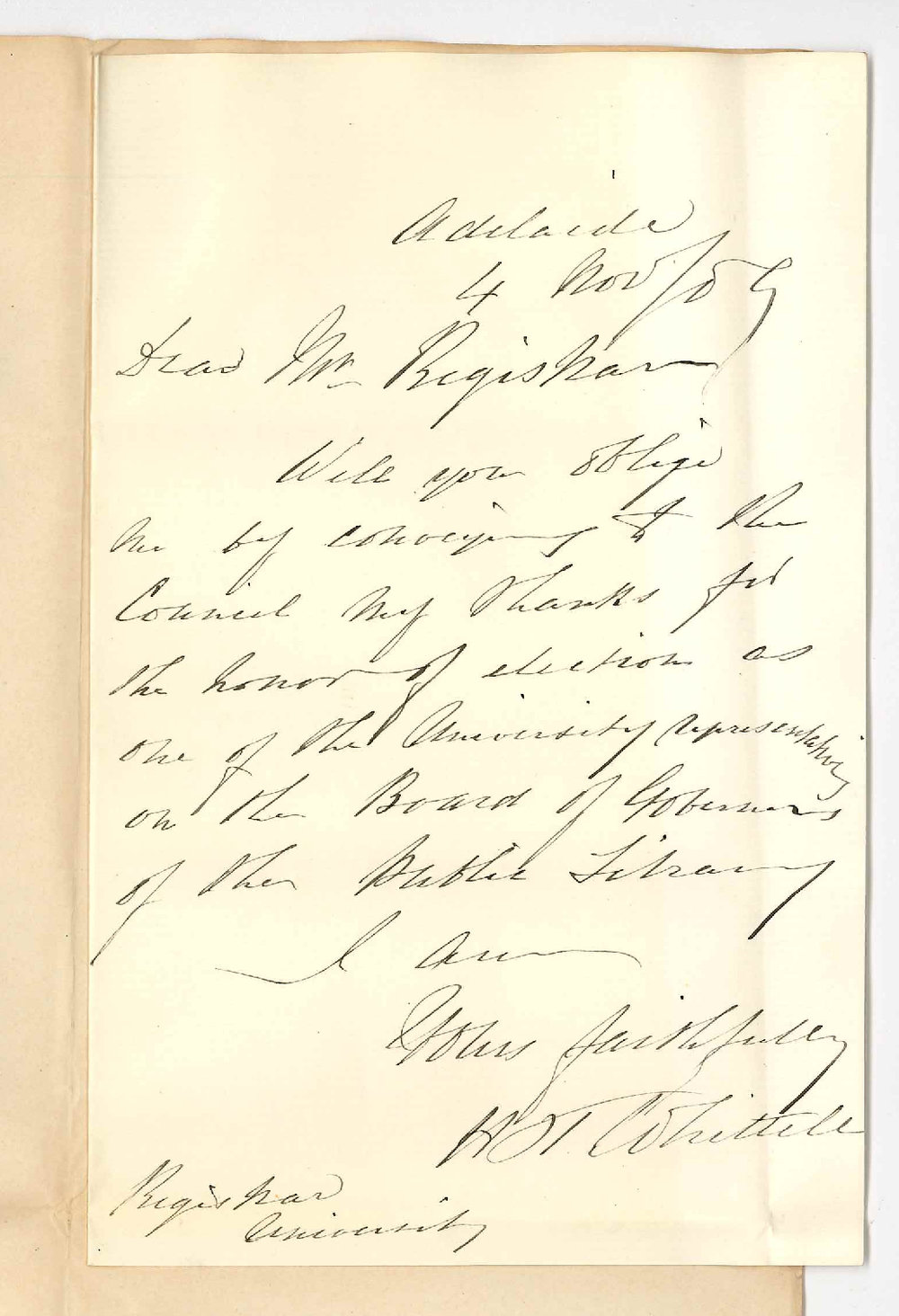 Dr Horatio Thomas Whittell - Adelaide - Thanks Council for Re-Election on Board of Governors of Public library