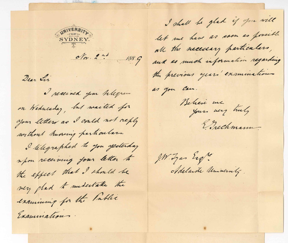 Emil Trechmann - University of Sydney - Accepts Position of Examiner in French and German for Junior and Senior Examinations