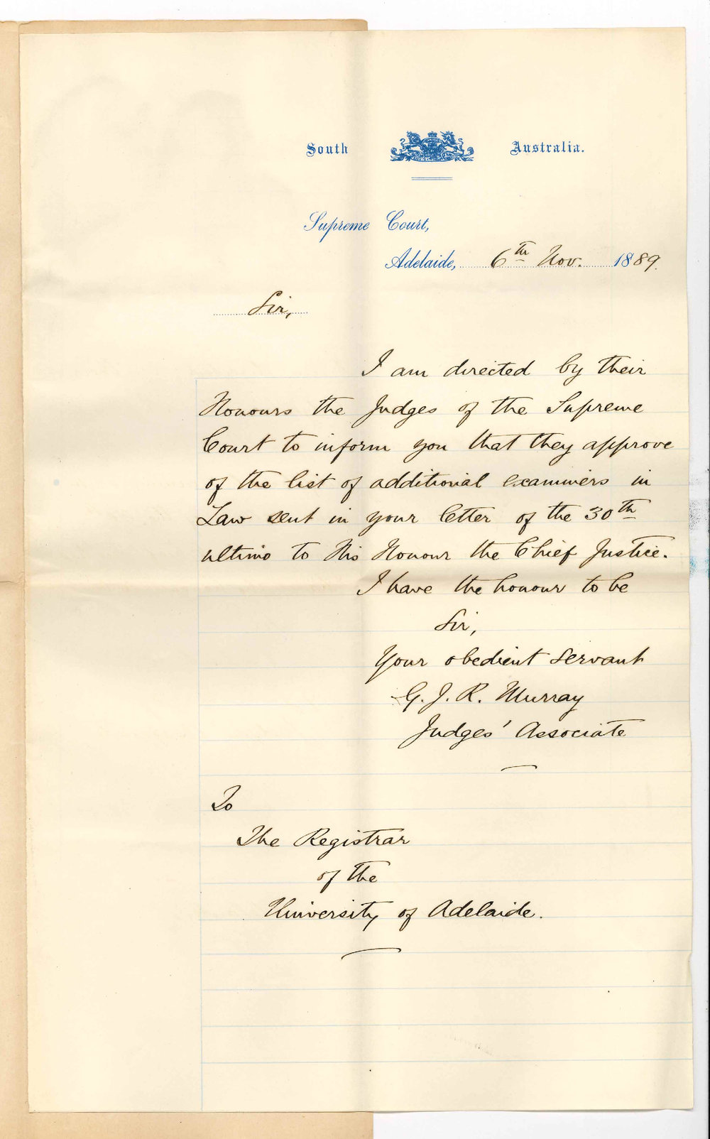 G J R Murray - Judges' Associate - Supreme Court - Adelaide - Approve Additional Examiners in Law