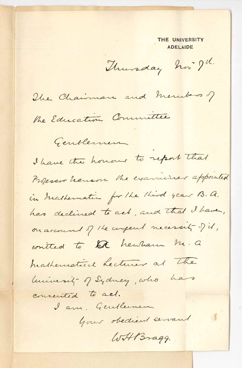 Professor William Henry Bragg - The University - Professor Nanson Unable to act Appointment of Mr A Newham as Examiner in Mathematics