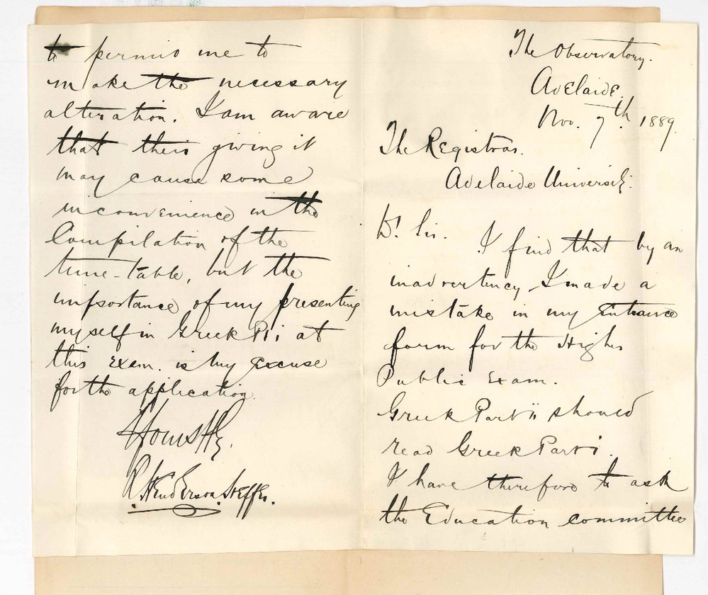 Richard Henderson Heffer - The Observatory - Adelaide - Error in Entry for Higher Public Examination