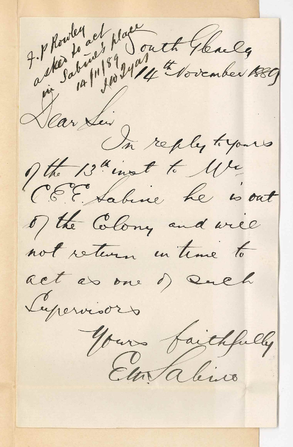 E M Sabine - South Glenelg - Clement Egbert Eppes Sabine Out of Town Cannot act as Supervisor