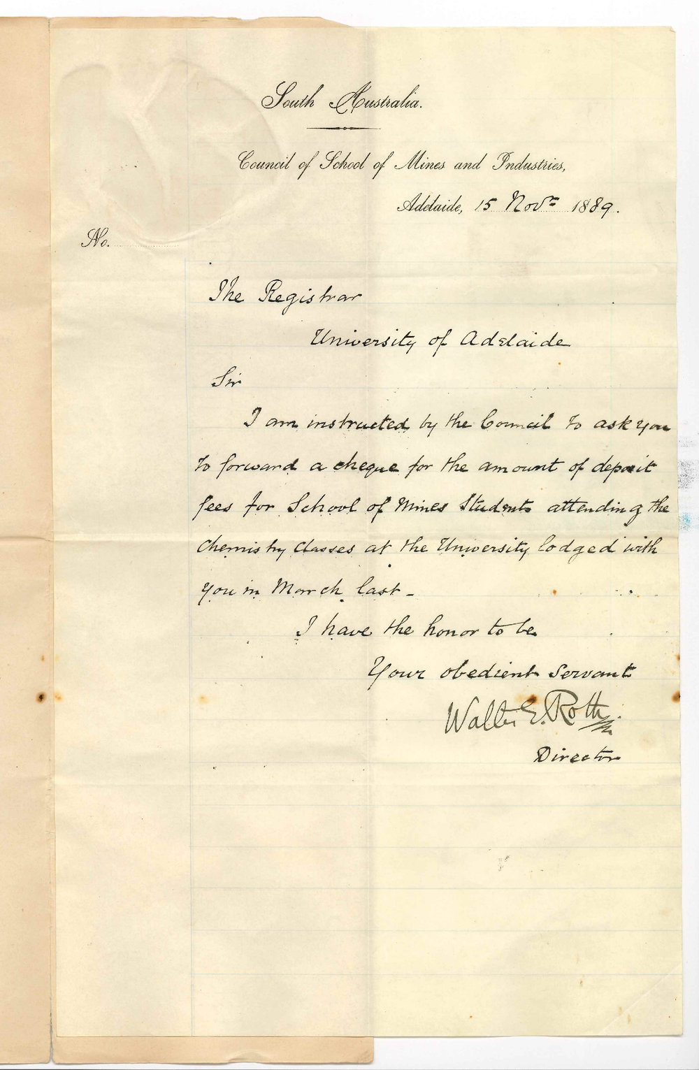 Walter E Roth - Council of School of Mines and Industries - Adelaide - Asking for Return of Chemistry Deposit Fees