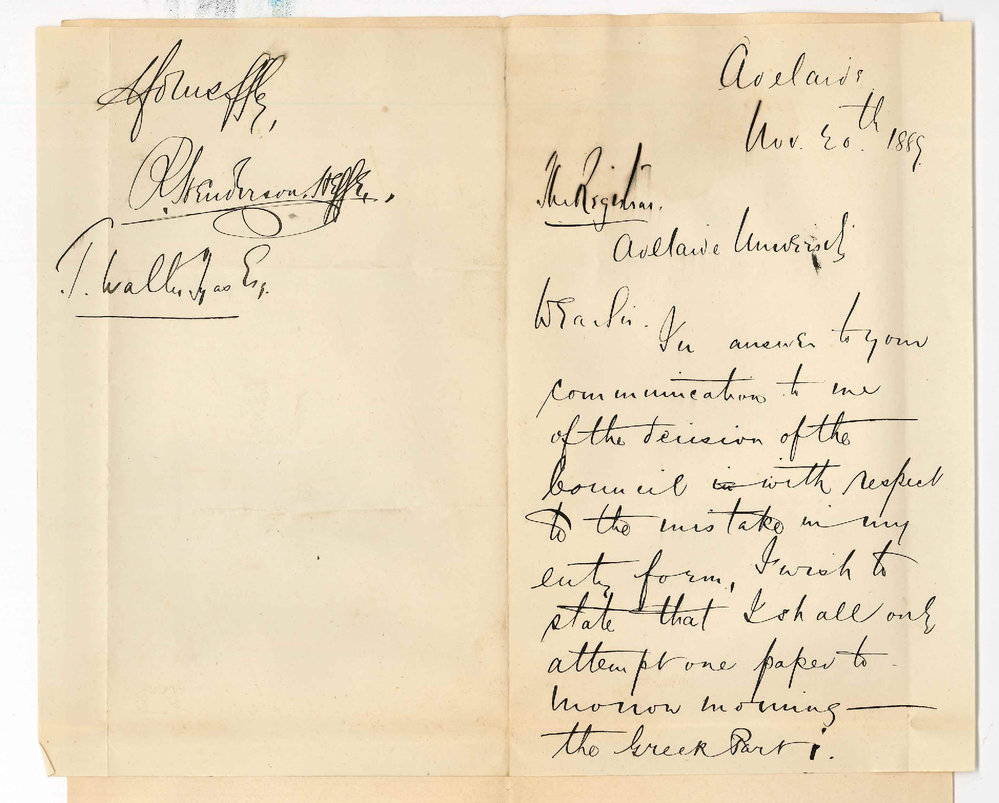 Richard Henderson Heffer - Adelaide - Will take Greek Part I Instead of Part II and Forego Chemistry in Higher Public Examination