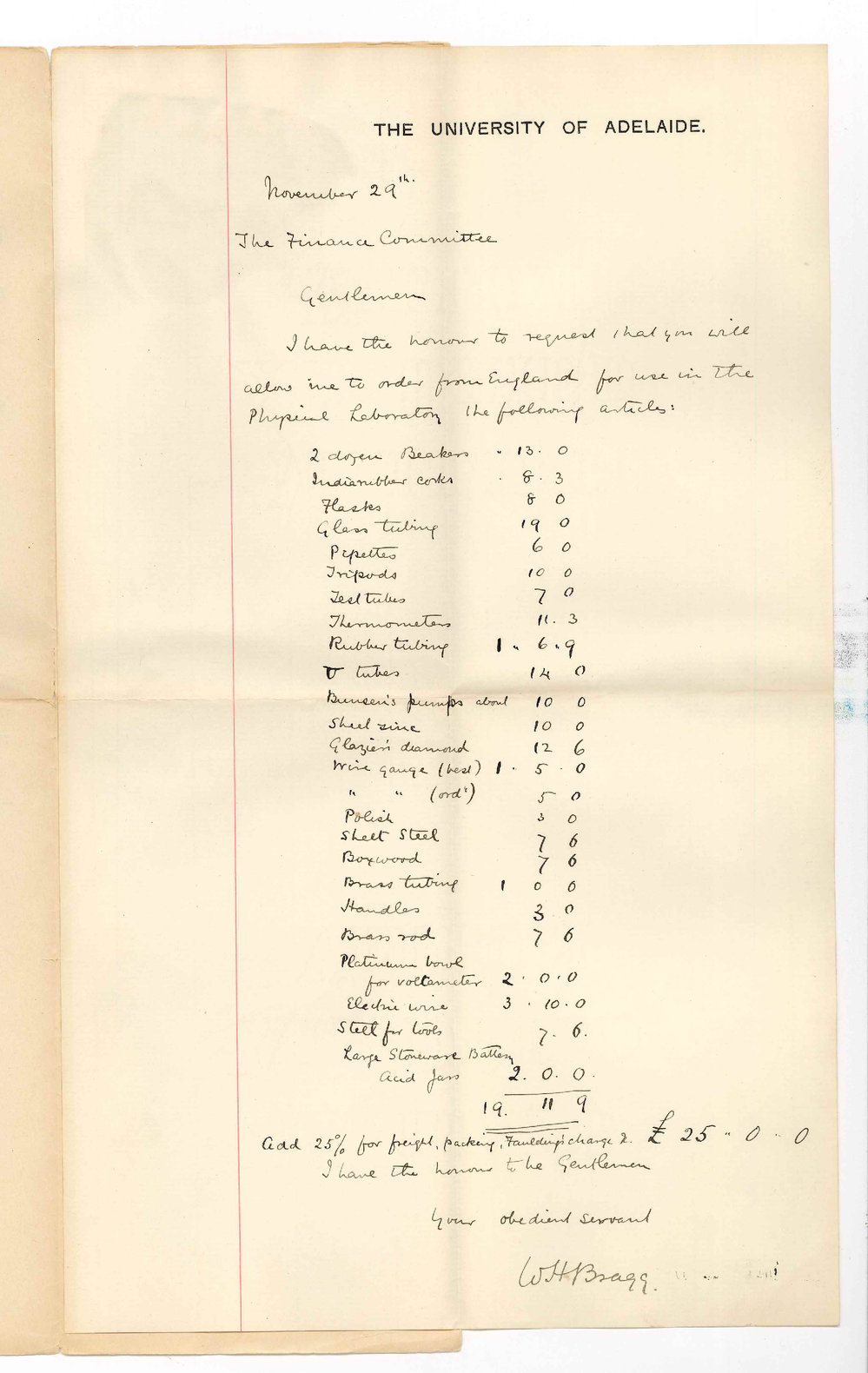 Professor William Henry Bragg - The University - Apparatus for Physical Laboratory for 1890