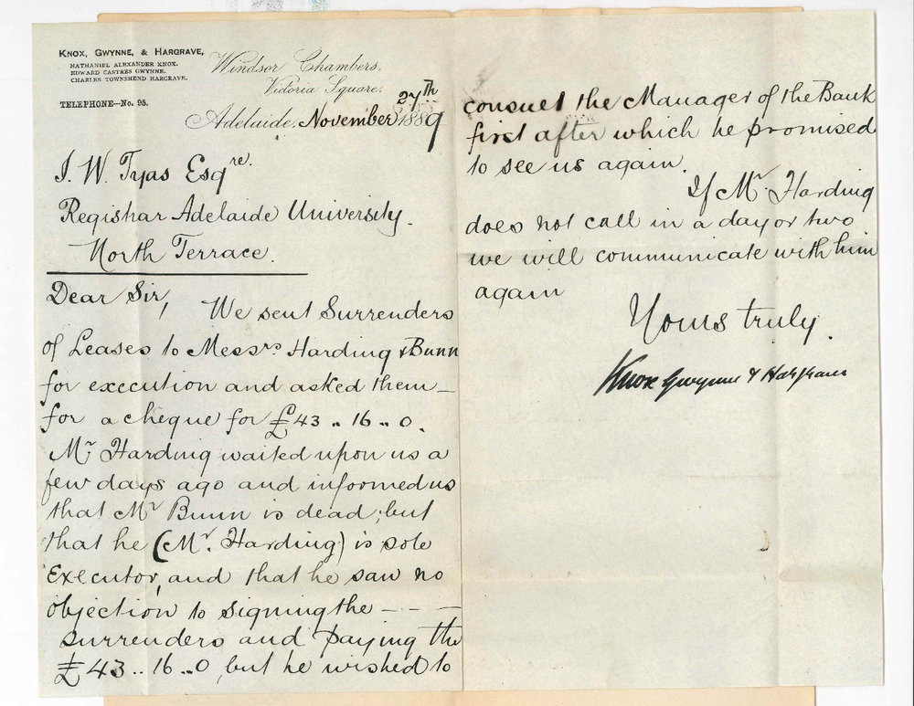 Knox Gwynne and Hargrave - Victoria Square Adelaide - Regarding Surrender of Harding and Bunn's Lease