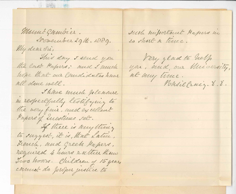 Reverend Dr Basil Craig - Mount Gambier - Concerning Local Junior Examination at Mt Gambier - Dispatch of Papers etc