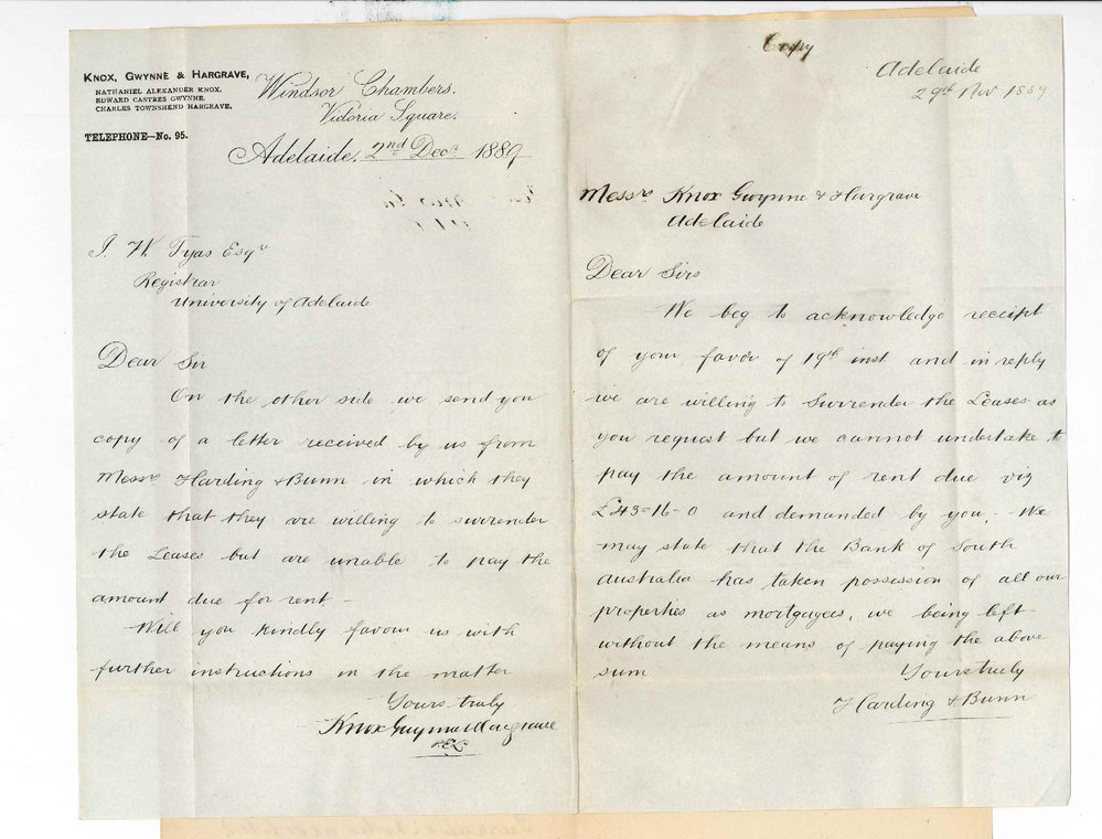 Knox Gwynne and Hargrave - Victoria Square Adelaide - Regarding Surrender of Harding and Bunn's Lease - Copy of Harding and Bunn's Letter