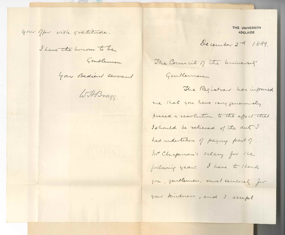 Professor William Henry Bragg - The University - Thanking Council for Relieving Him of Liability to Pay Portion of Mr Chapman's Salary