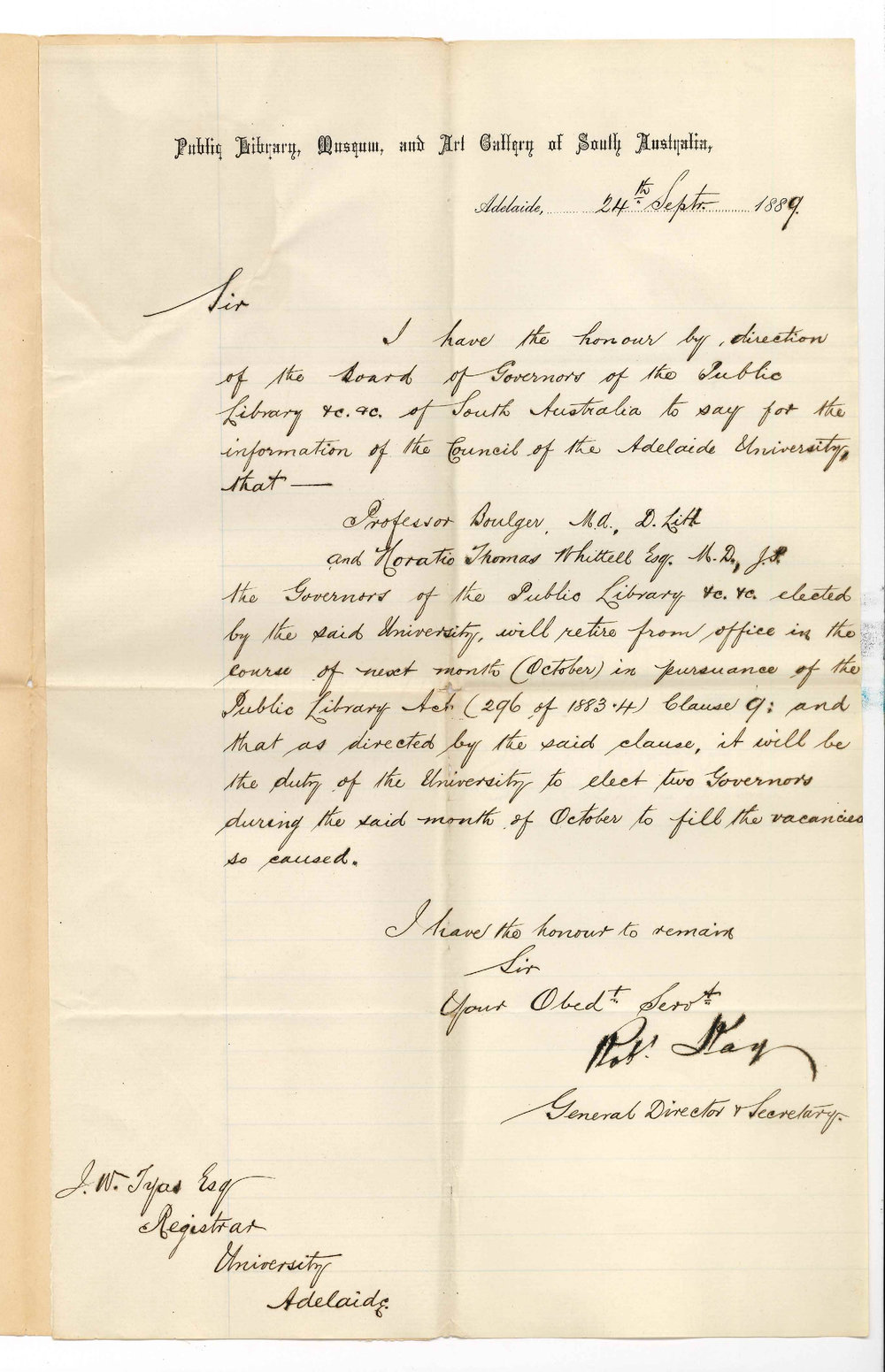 Robert Kay - Secretary - Public Library Museum and Art Gallery South Australia - Adelaide - Election of Members of University on Board of Governors