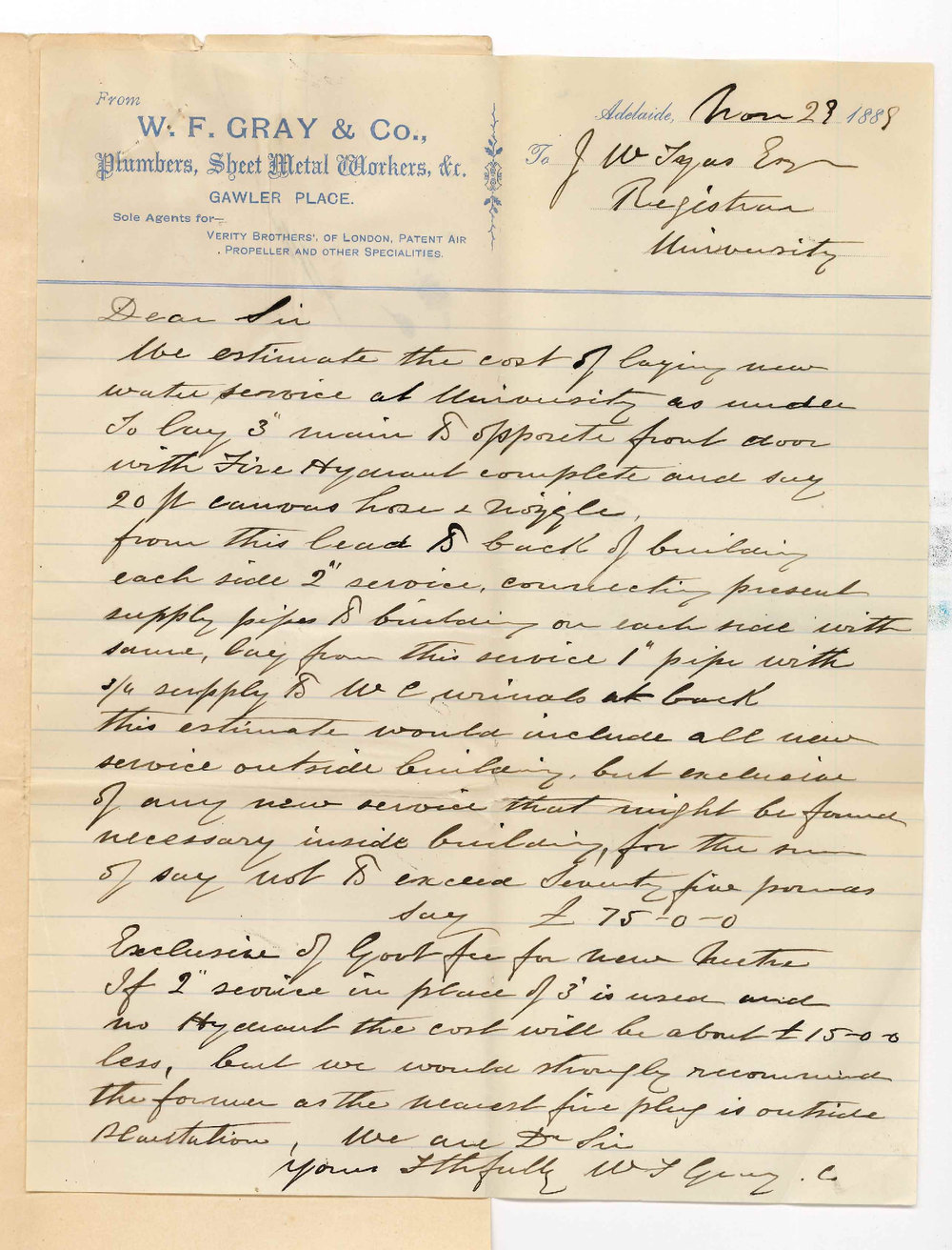 W Frederick Gray and Co - Gawler Place Adelaide - New Water Service Cost &pound;75