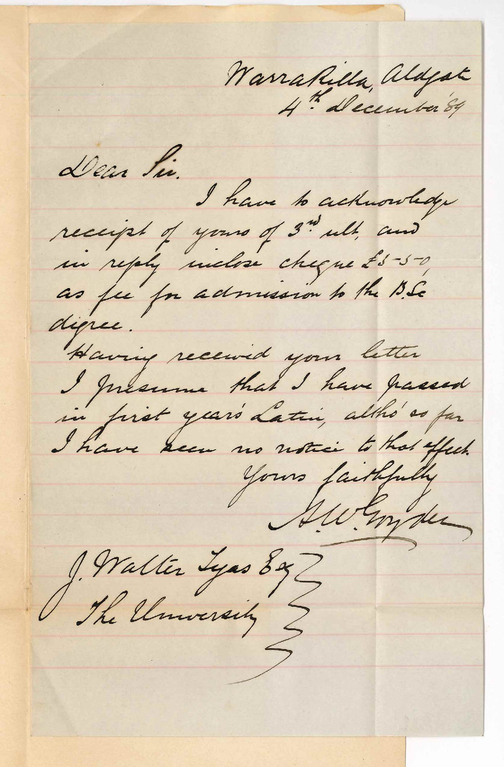 Alexander Woodroffe Goyder - Aldgate - Regarding BSc Degree