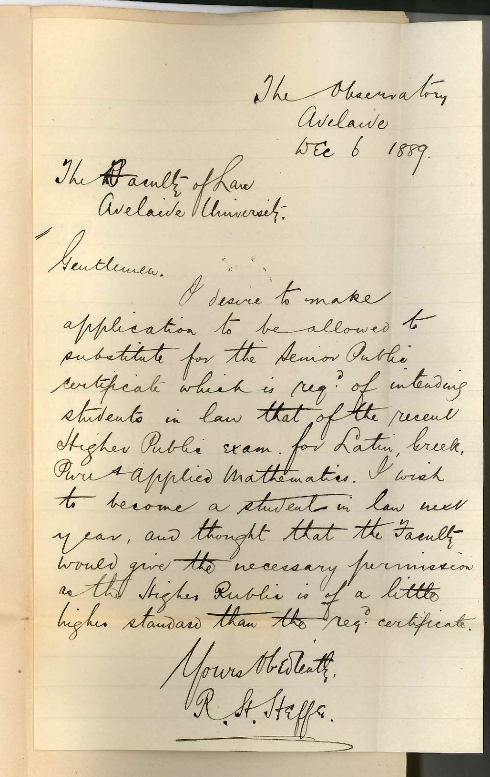 Richard Henderson Heffer - The Observatory - Adelaide - Will Higher Public Certificate be Accepted in lieu of Senior Public Law Course