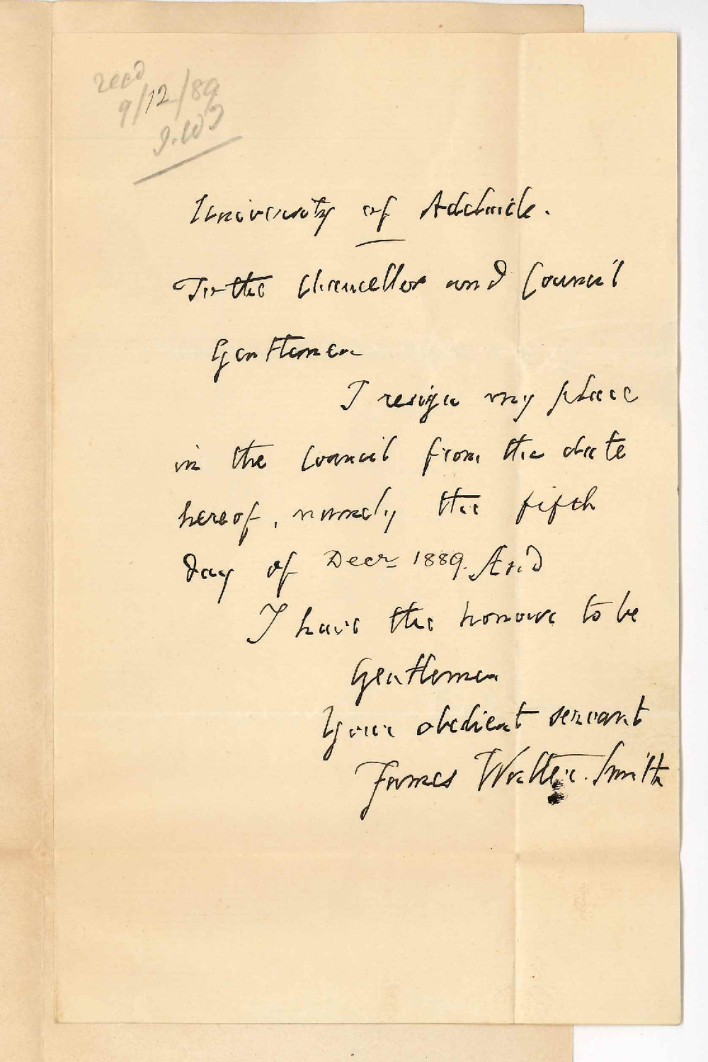 Dr James Walter Smith - Adelaide - Resigning as a Member of the Council
