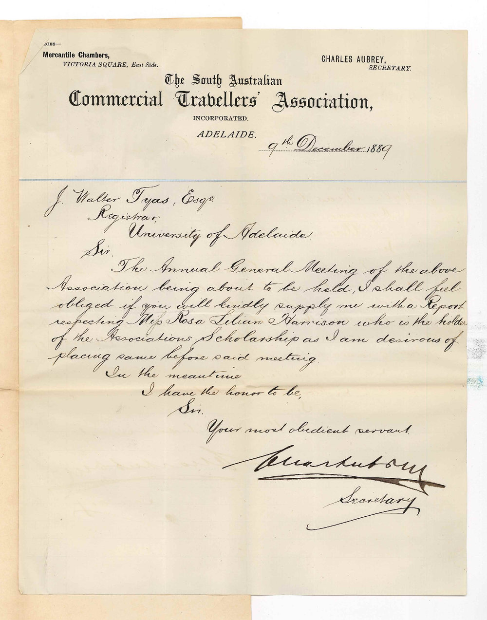 Charles Aubrey - Secretary - The South Australian Commercial Travellers' Association - Adelaide - Asking for Report Regarding Scholar Miss Rosa Lilian Harrison
