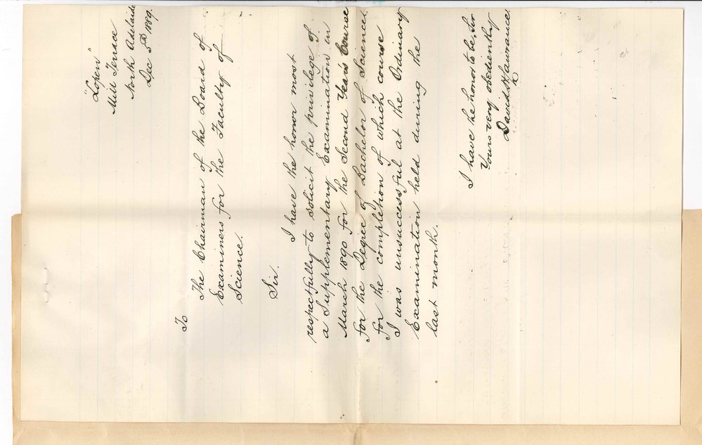 David H Lawrance - North Adelaide - Supplementary Examination in March 1890