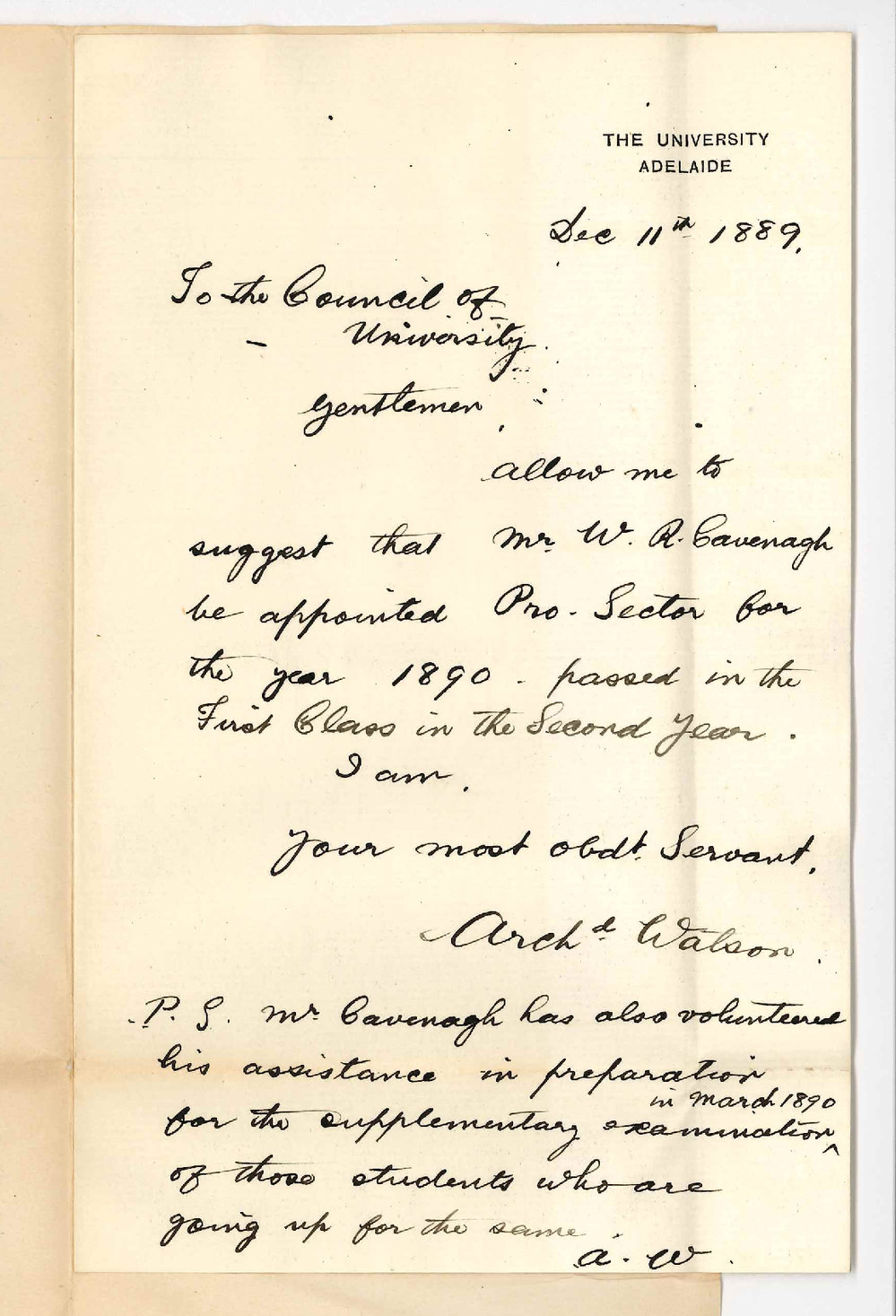 Professor Archibald Watson - The University - Recommending Mr W R Cavenagh as Pro-Sector for 1890