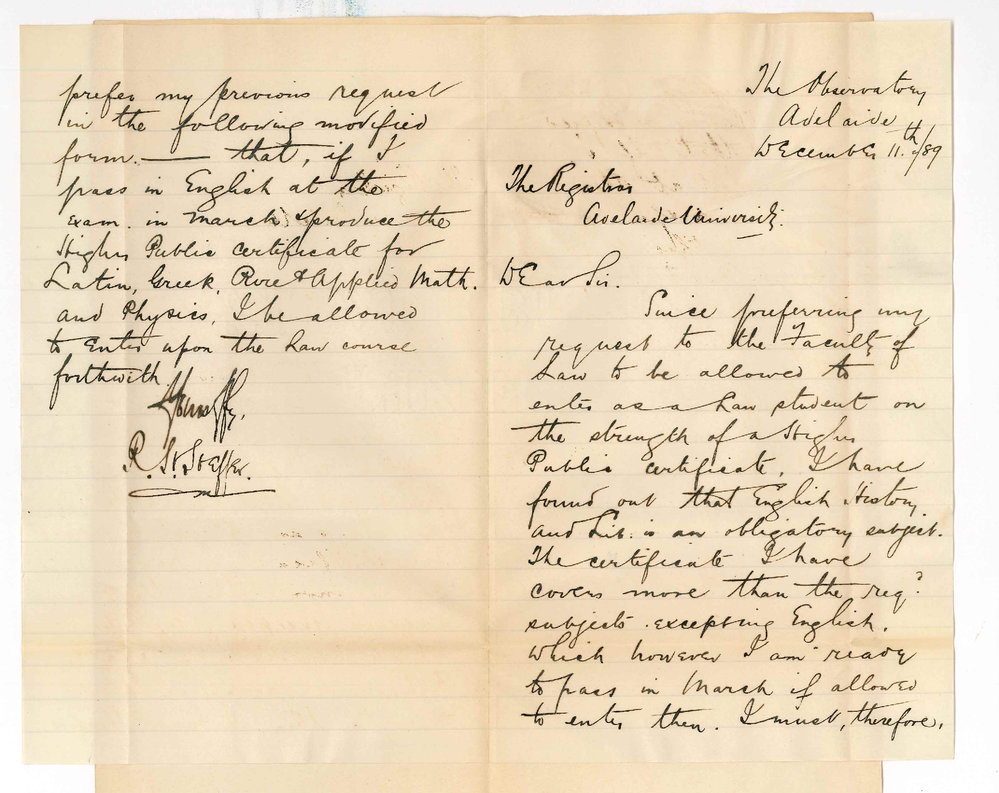 Richard Henderson Heffer - The Observatory - Adelaide - Regarding English Higher Public Examination and the LLB Course