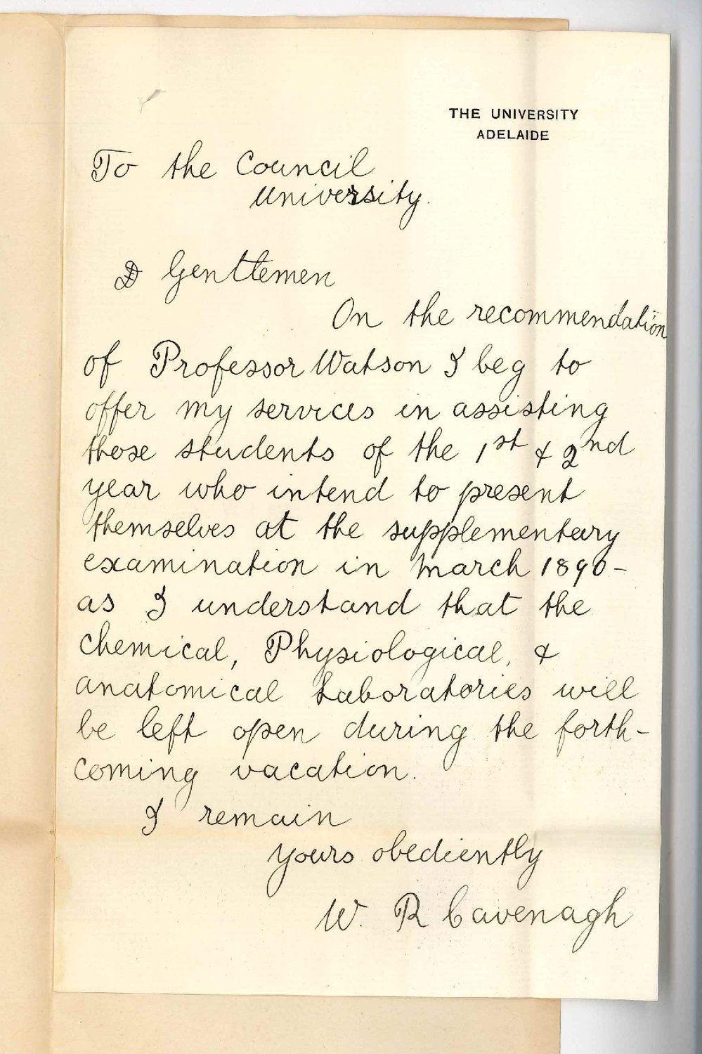 Wentworth Rowland Cavanagh-Mainwaring - The University - Offering to Assist Students Studying During Long Vacation