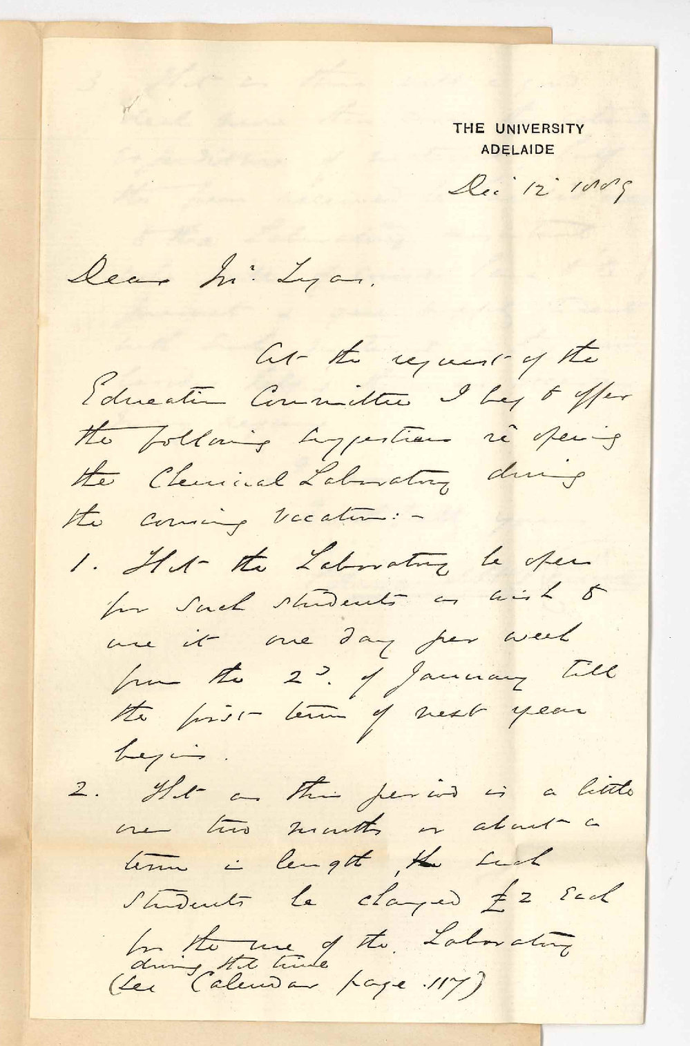 Professor Edward Henry Rennie - The University - Facilities and Fees for Students Studying During Long Vacation