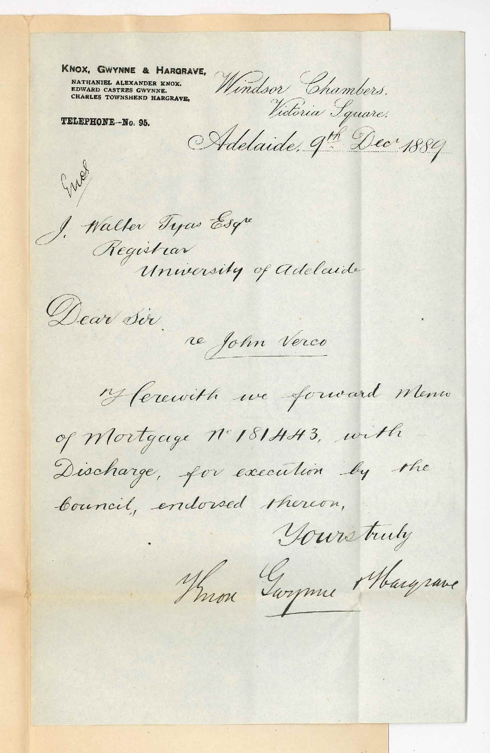 Knox Gwynne and Hargrave - Victoria Square Adelaide - Discharge of John Verco Mortgage
