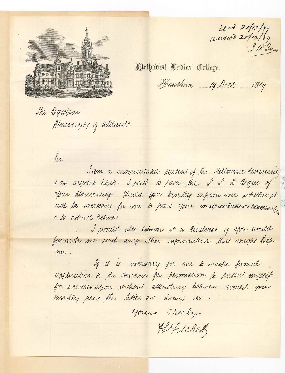 F S Fitchett - Methodist Ladies' College - Hawthorn- Concerning Admission to LLB Course