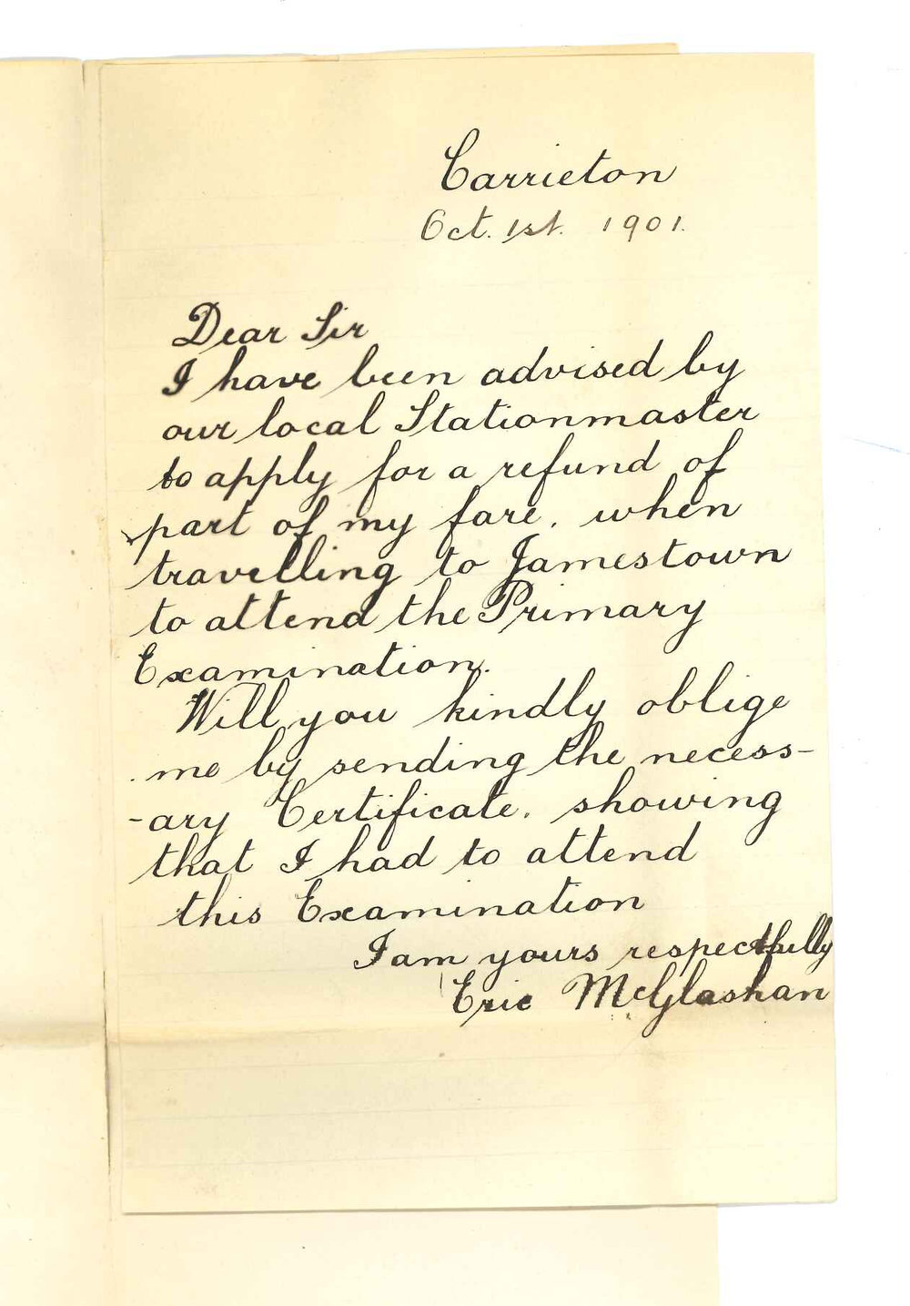 Eric McGlashan - Carrieton - Asking for a certificate showing that he attended Primary Public Examination at Jamestown