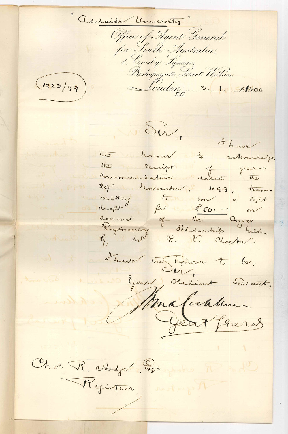 John Cockburn - The Agent General for SA - London - Acknowledging receipt of Draft for &pound;50