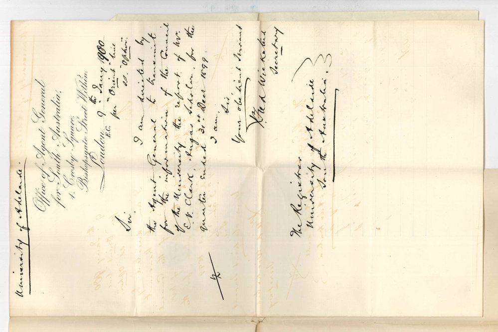 Fred Wickstead - Secretary to John Cockburn - The Agent General for SA - London - Forwarding report from Mr E V Clark Angas Scholar