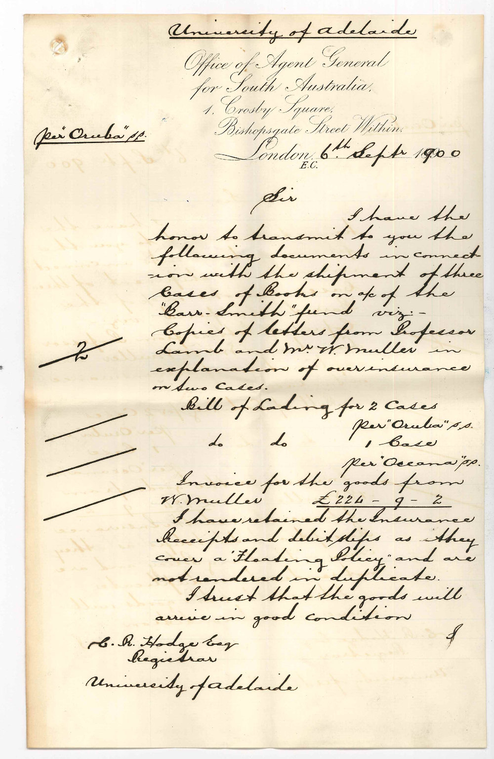 John Cockburn - The Agent General for SA - London - Forwarding copies of letters from Professor Lamb and W Muller and Bill of Lading
