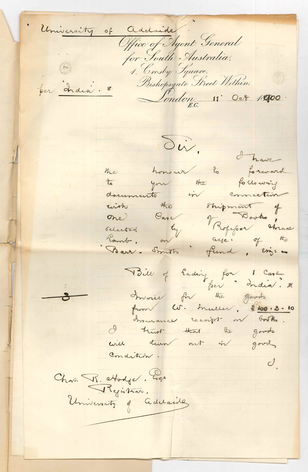 John Cockburn - The Agent General for SA - London - Barr Smith Invoices from Muller and Pentland and Bill of Lading