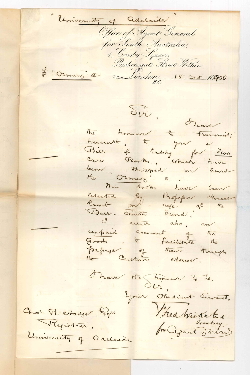 Fred Wickstead - Secretary - The Agent General for SA - London - Forwarding Bill of Lading and Invoice for Barr Smith Books