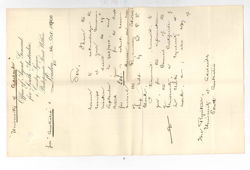 John Cockburn - The Agent General for SA - London - Receipt of draft &pound;50 - Forwarding letter and report from E V Clark - Payment of Pentlands Account