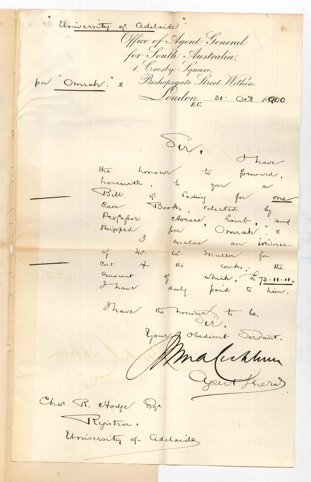 Agent General for South Australia - London - Advising one case of books per Omrah W Muller
