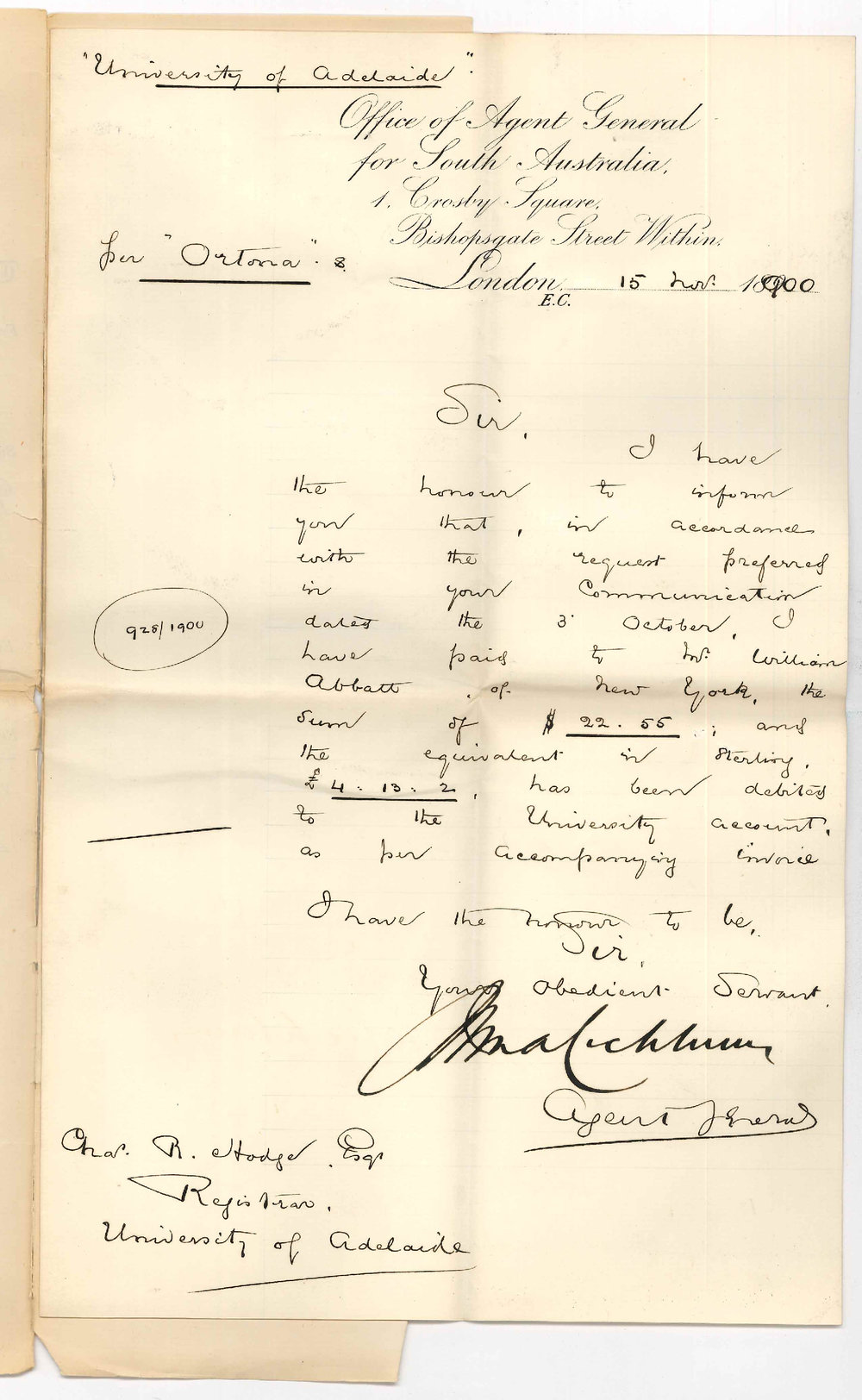The Agent General for South Australia - London - Concerning payment of account of W Abbott