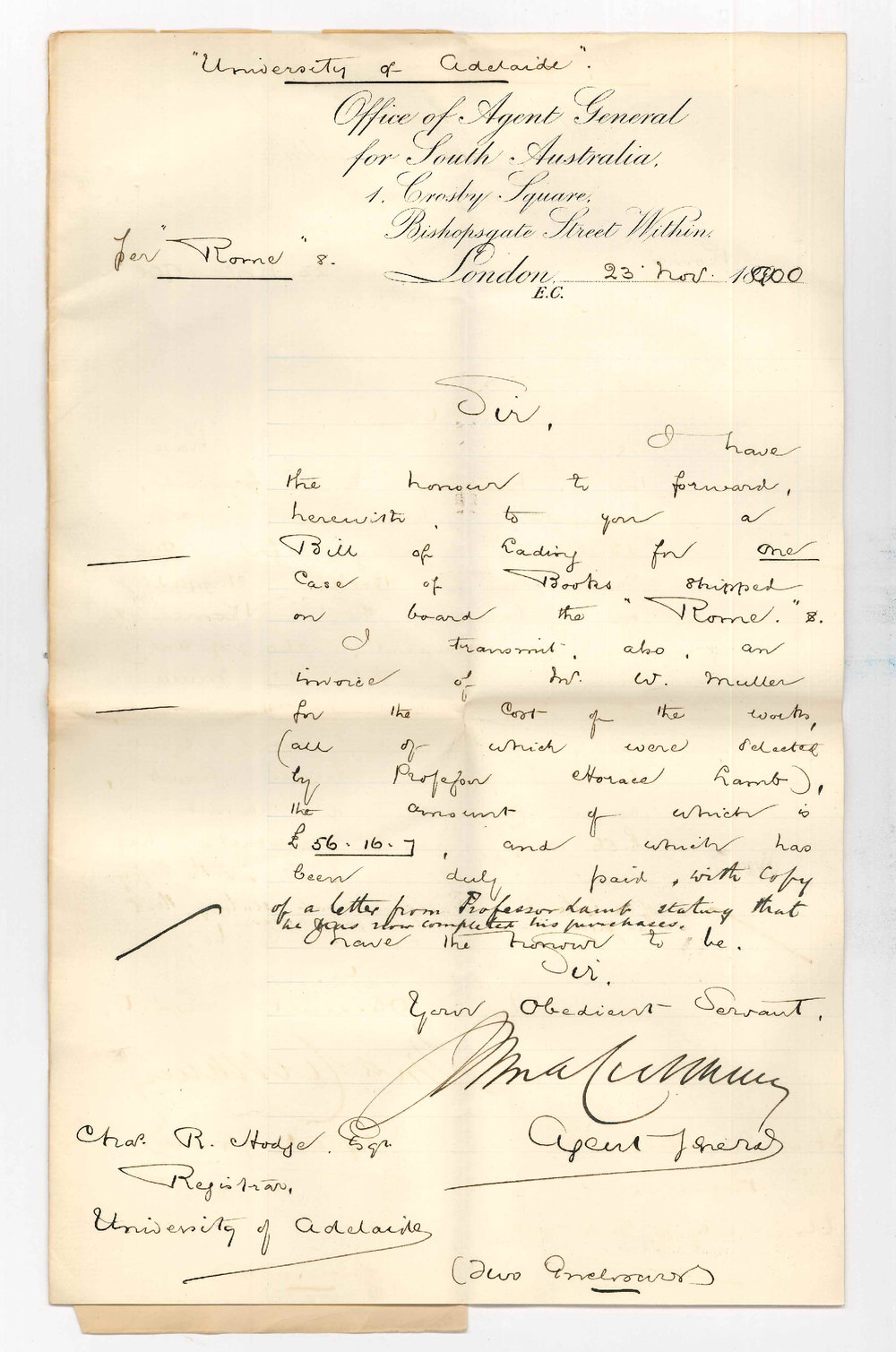Agent General for South Australia - London - Forwarding Bill of Lading and copy of letter from Professor Lamb etc