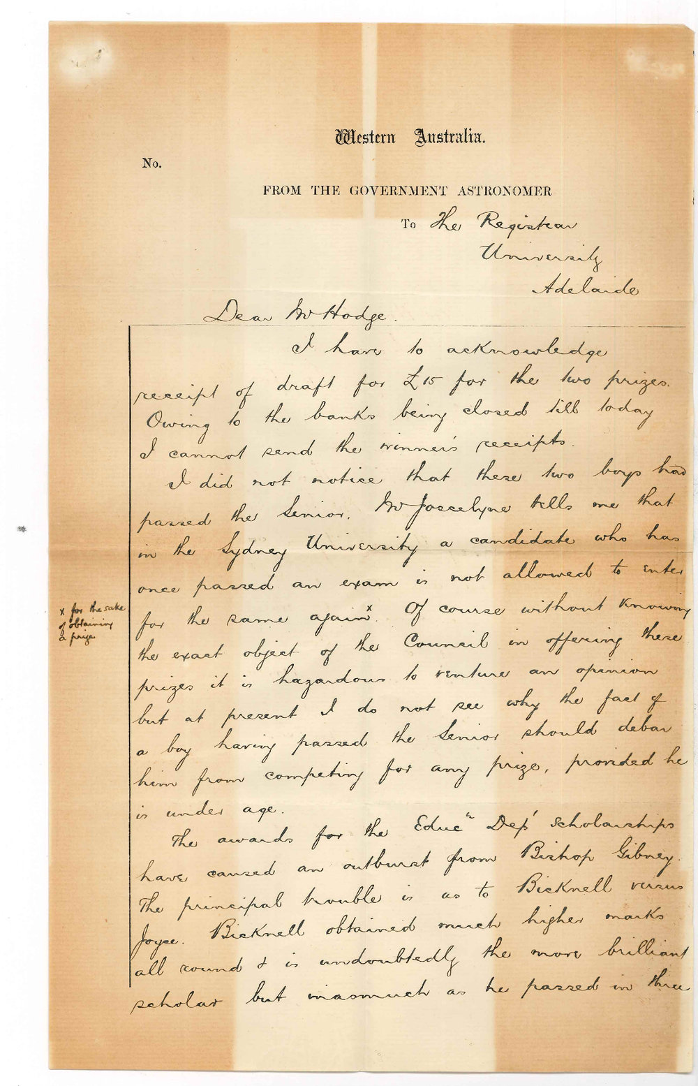 W Ernest Cooke - Perth - Concerning results of Junior and Senior Public Examinations