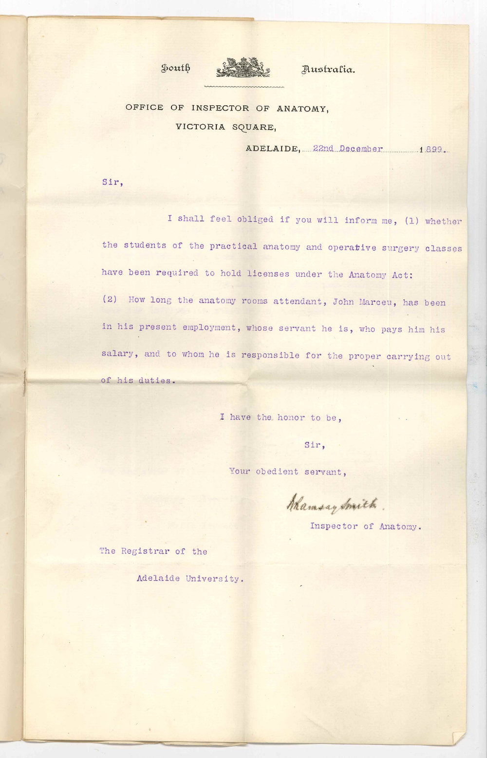 William Ramsay Smith - Inspector of Anatomy - Adelaide - Information concerning students and Marceau