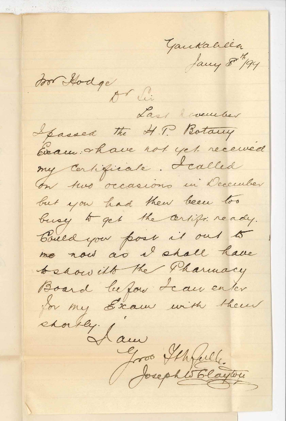 Joseph W Clayton - Yankalilla - Requesting Higher Public Certificate
