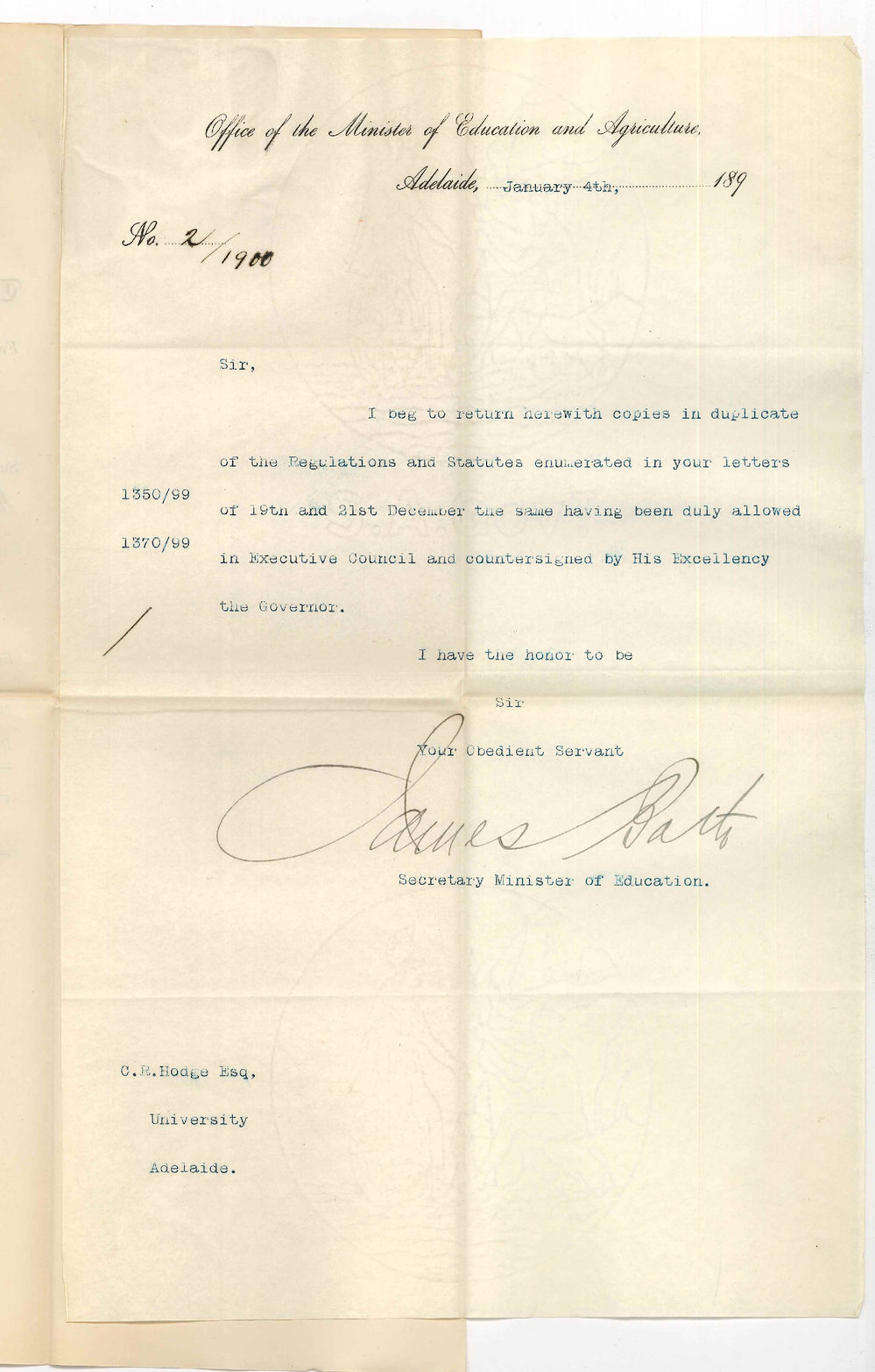James Bath - Secretary - Minister of Education and Agriculture - Adelaide - Returning copies of Regulation and Statutes