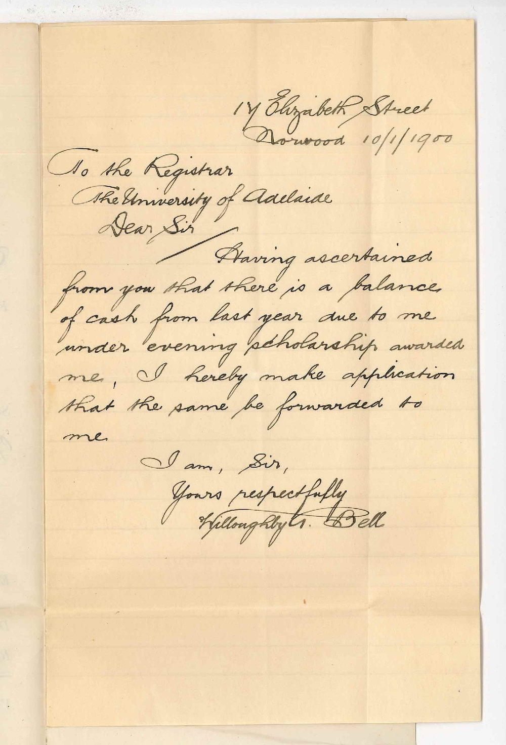 Willoughby G Bell - Norwood - Request for surplus of Evening Scholarship