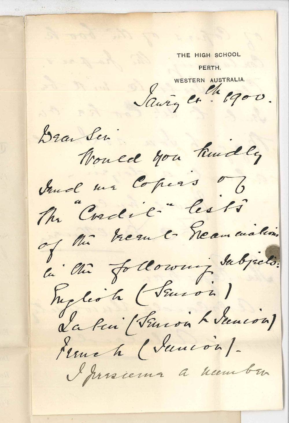 F C Faulkner - The High School Perth - Requesting credit lists of Junior and Senior Public Examinations