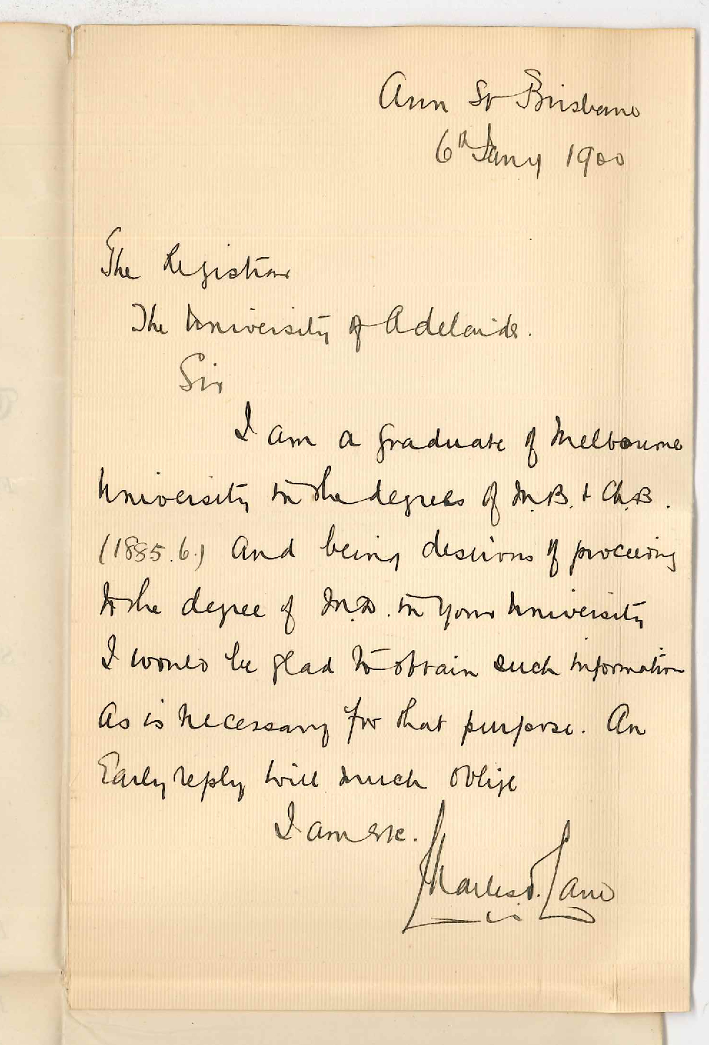 Charles V Lane - Brisbane - Information concerning degree of MD