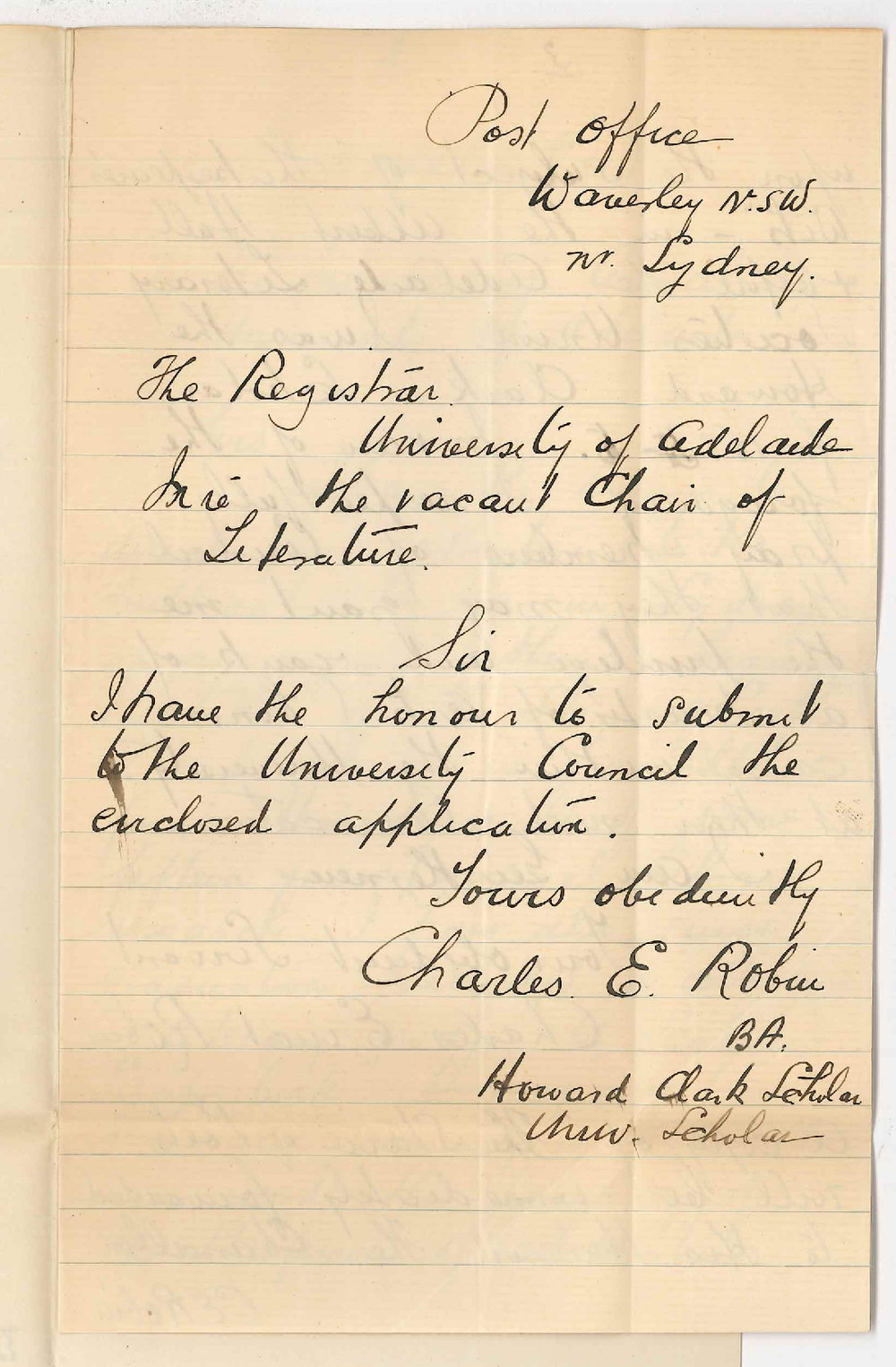 Charles E Robin - Waverley NSW - Application for Degree of MA