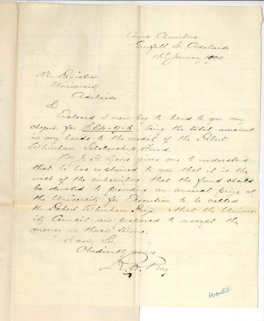 R H Kay - Adelaide - Forwarding cheque on account of Robert Whinham Scholarship fund