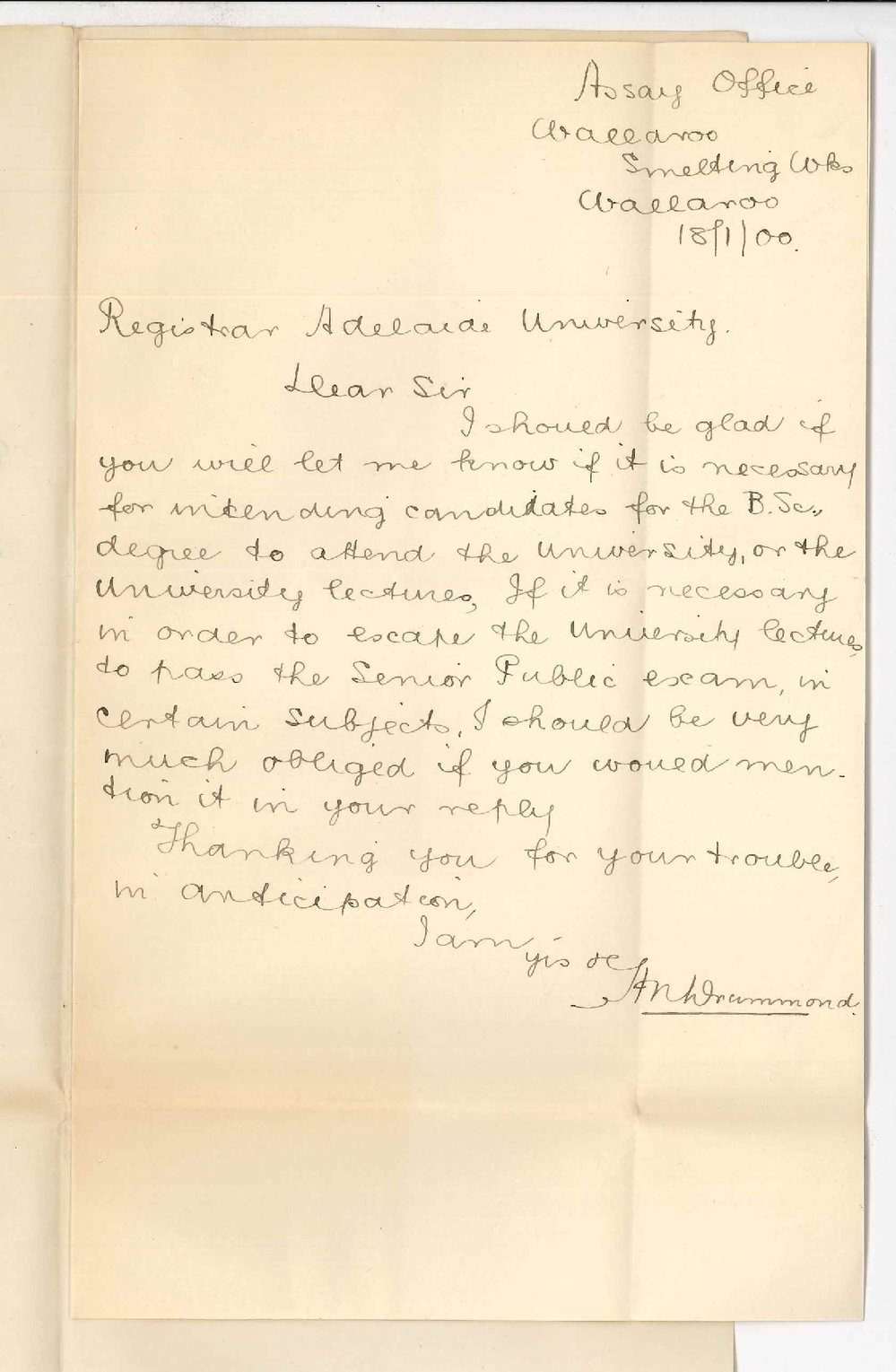 H N Drummond - Wallaroo - Concerning BSc Degree